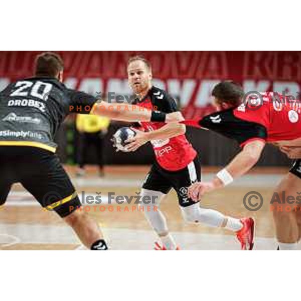 Stas Skube of RD LL Grosist Slovan in action during 1.NLB handball match between LL Grosist Slovan and RK Gorenje Velenje in Kodeljevo Hall, Ljubljana, Slovenia on October 1st, 2025.