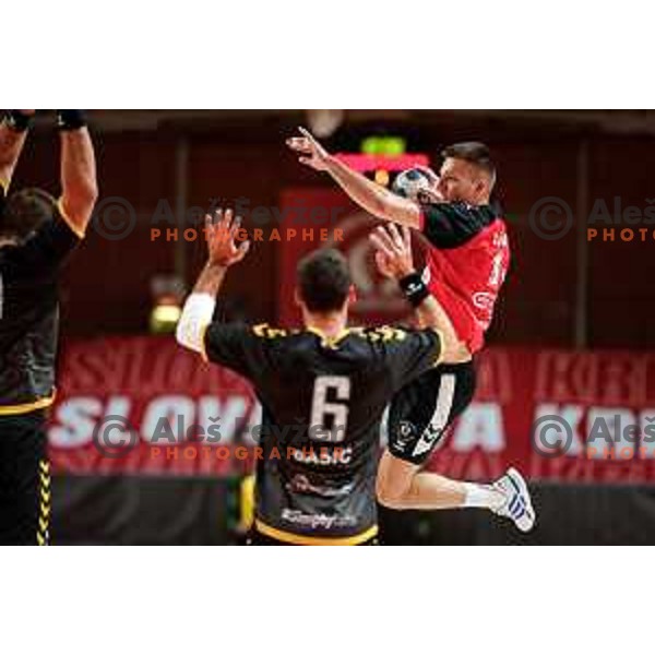 Leon Ljevar of RD LL Grosist Slovan in action during 1.NLB handball match between LL Grosist Slovan and RK Gorenje Velenje in Kodeljevo Hall, Ljubljana, Slovenia on October 1st, 2025.