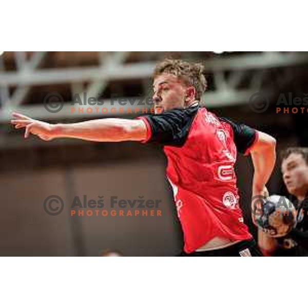 Stas Slatinek Jovicic of RD LL Grosist Slovan in action during 1.NLB handball match between LL Grosist Slovan and RK Gorenje Velenje in Kodeljevo Hall, Ljubljana, Slovenia on October 1st, 2025.