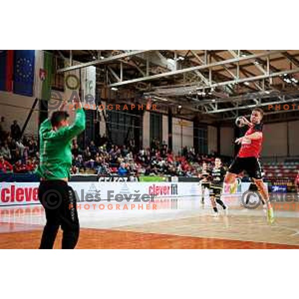 Stas Slatinek Jovicic of RD LL Grosist Slovan in action during 1.NLB handball match between LL Grosist Slovan and RK Gorenje Velenje in Kodeljevo Hall, Ljubljana, Slovenia on October 1st, 2025.
