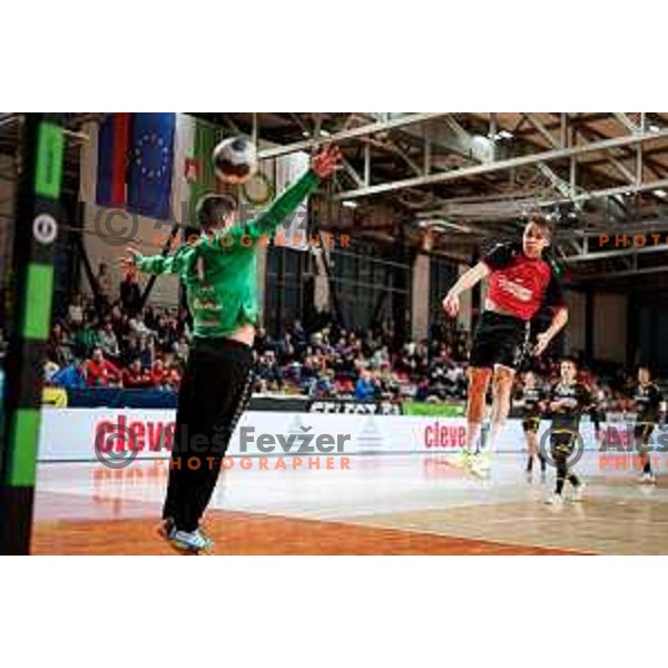 Stas Slatinek Jovicic of RD LL Grosist Slovan in action during 1.NLB handball match between LL Grosist Slovan and RK Gorenje Velenje in Kodeljevo Hall, Ljubljana, Slovenia on October 1st, 2025.