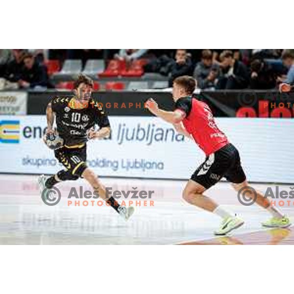 Urban Pipp of RK Gorenje Velenje in action during 1.NLB handball match between LL Grosist Slovan and RK Gorenje Velenje in Kodeljevo Hall, Ljubljana, Slovenia on October 1st, 2025.