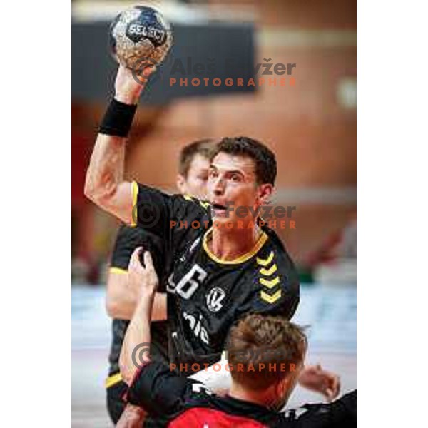 in action during 1.NLB handball match between LL Grosist Slovan and RK Gorenje Velenje in Kodeljevo Hall, Ljubljana, Slovenia on October 1st, 2025.