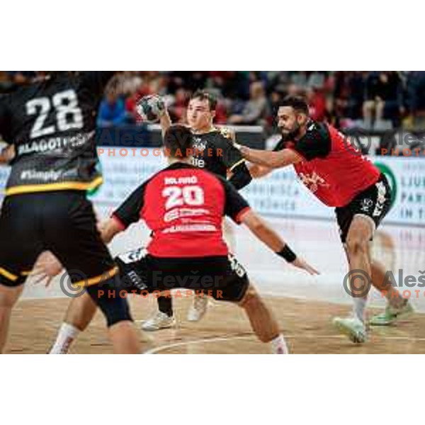 in action during 1.NLB handball match between LL Grosist Slovan and RK Gorenje Velenje in Kodeljevo Hall, Ljubljana, Slovenia on October 1st, 2025.