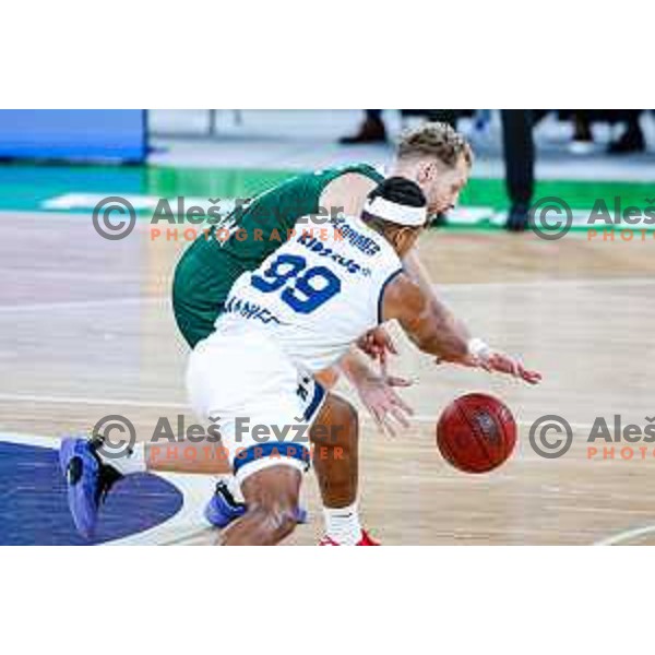 Jaka Blazic in action during BKT EuroCup 2025-2026 basketball match between Cedevita Olimpija (SLO) and Baxi Manresa (ESP) in SRC Stozice, Ljubljana, Slovenia on October 1, 2025