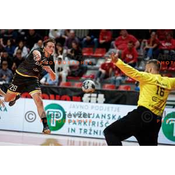 Vid Kacicnik of RK Gorenje Velenje in action during 1.NLB handball match between LL Grosist Slovan and RK Gorenje Velenje in Kodeljevo Hall, Ljubljana, Slovenia on October 1st, 2025.