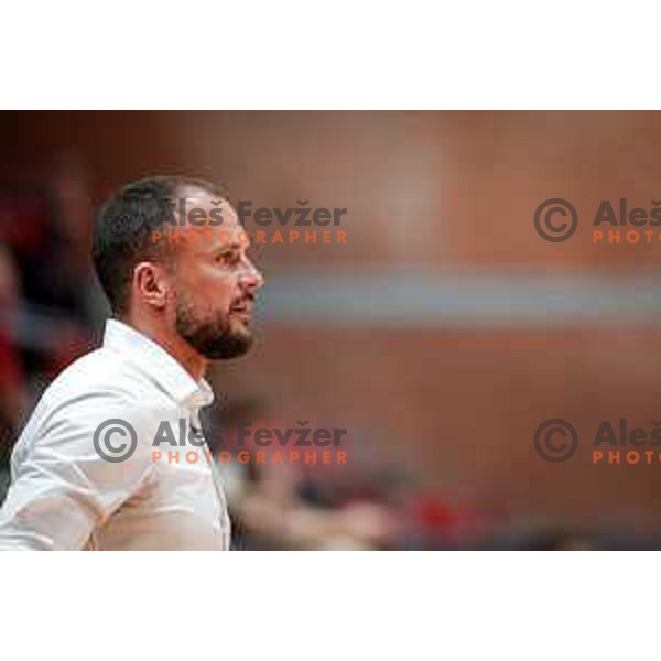 Uros Zorman, the head coach of RD LL Grosist Slovan in action during 1.NLB handball match between LL Grosist Slovan and RK Gorenje Velenje in Kodeljevo Hall, Ljubljana, Slovenia on October 1st, 2025.