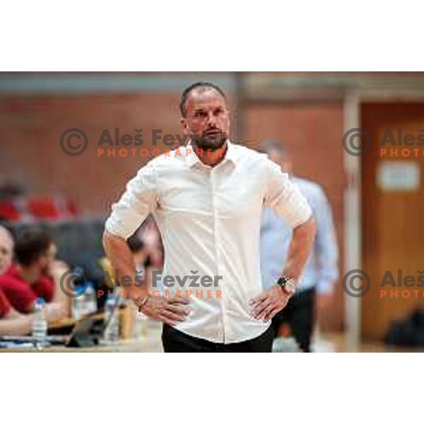 Uros Zorman, the head coach of RD LL Grosist Slovan in action during 1.NLB handball match between LL Grosist Slovan and RK Gorenje Velenje in Kodeljevo Hall, Ljubljana, Slovenia on October 1st, 2025.