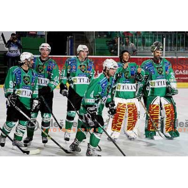 Intranuovo, Tavzelj, Niiinimaki,Cvetek, Pintaric, Morrison at ice hockey match Tilia Olimpija- KAC in EBEL league, played in Hala Tivoli, Ljubljana 31.10.2008. Tilia Olimpija won 4:2 