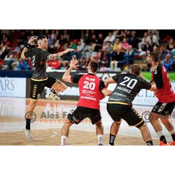 Tarik Velic of RK Gorenje Velenje in action during 1.NLB handball match between LL Grosist Slovan and RK Gorenje Velenje in Kodeljevo Hall, Ljubljana, Slovenia on October 1st, 2025.