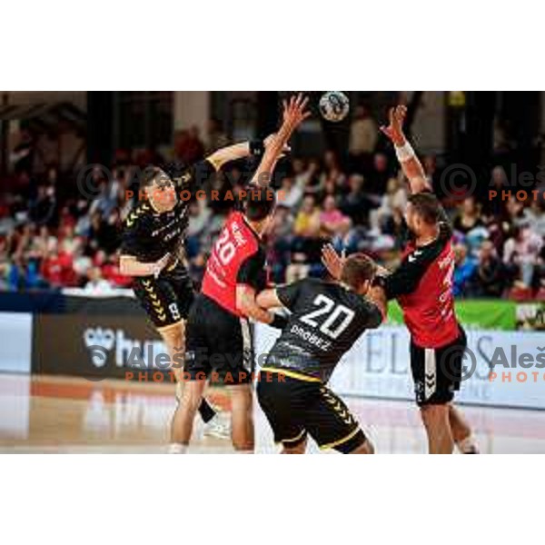 Tarik Velic of RK Gorenje Velenje in action during 1.NLB handball match between LL Grosist Slovan and RK Gorenje Velenje in Kodeljevo Hall, Ljubljana, Slovenia on October 1st, 2025.