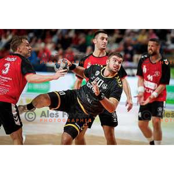 Jernej Drobez of RK Gorenje Velenje in action during 1.NLB handball match between LL Grosist Slovan and RK Gorenje Velenje in Kodeljevo Hall, Ljubljana, Slovenia on October 1st, 2025.