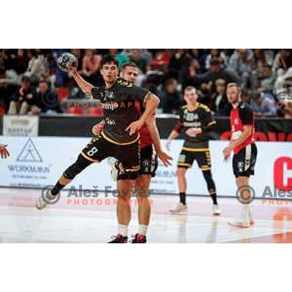 Anze Kalan of RK Gorenje Velenje in action during 1.NLB handball match between LL Grosist Slovan and RK Gorenje Velenje in Kodeljevo Hall, Ljubljana, Slovenia on October 1st, 2025.