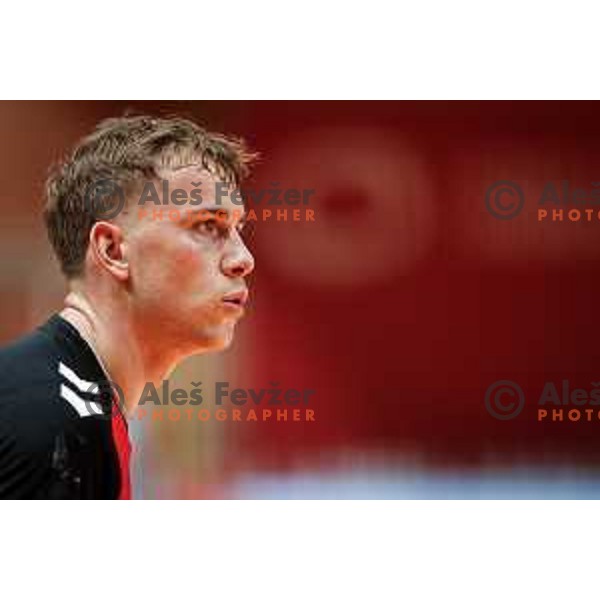Stas Slatinek Jovicic of RD LL Grosist Slovan in action during 1.NLB handball match between LL Grosist Slovan and RK Gorenje Velenje in Kodeljevo Hall, Ljubljana, Slovenia on October 1st, 2025.