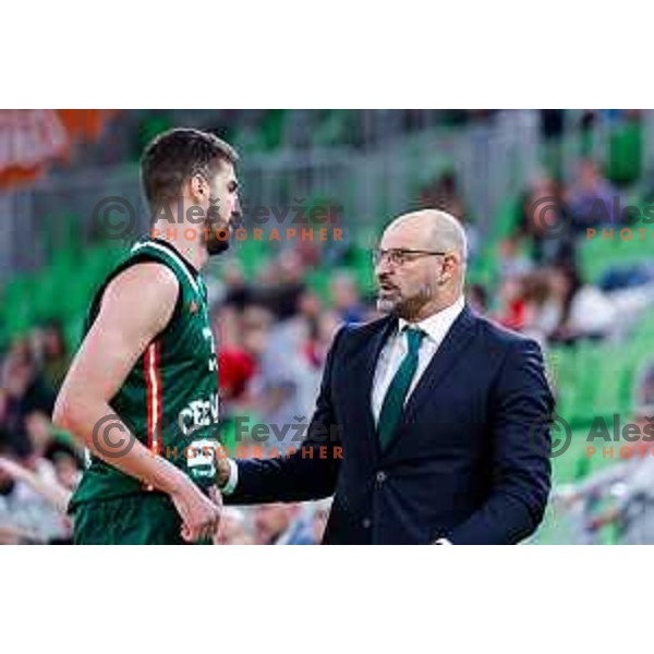 Nikos Chougkaz and head coach Zvezdan Mitrovic during BKT EuroCup 2025-2026 basketball match between Cedevita Olimpija (SLO) and Baxi Manresa (ESP) in SRC Stozice, Ljubljana, Slovenia on October 1, 2025