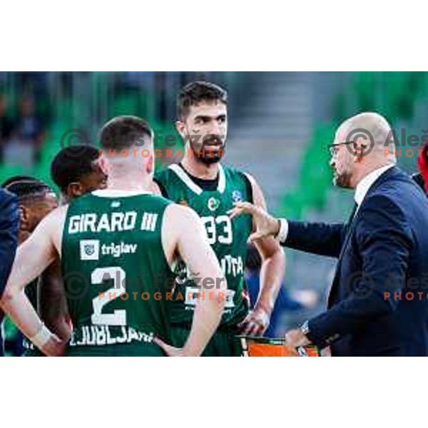 Nikos Chougkaz and head coach Zvezdan Mitrovic during BKT EuroCup 2025-2026 basketball match between Cedevita Olimpija (SLO) and Baxi Manresa (ESP) in SRC Stozice, Ljubljana, Slovenia on October 1, 2025