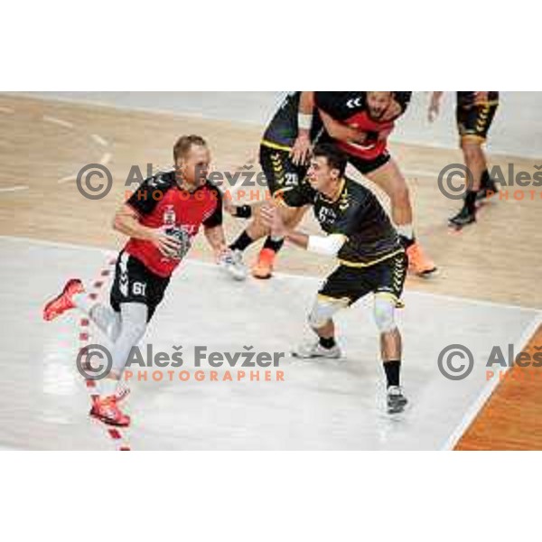 Stas Skube of RD LL Grosist Slovan in action during 1.NLB handball match between LL Grosist Slovan and RK Gorenje Velenje in Kodeljevo Hall, Ljubljana, Slovenia on October 1st, 2025.