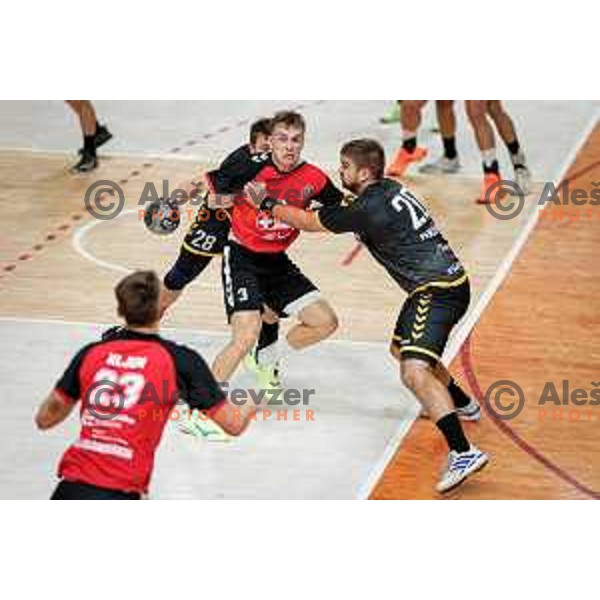 Stas Slatinek Jovicic of RD LL Grosist Slovan in action during 1.NLB handball match between LL Grosist Slovan and RK Gorenje Velenje in Kodeljevo Hall, Ljubljana, Slovenia on October 1st, 2025.