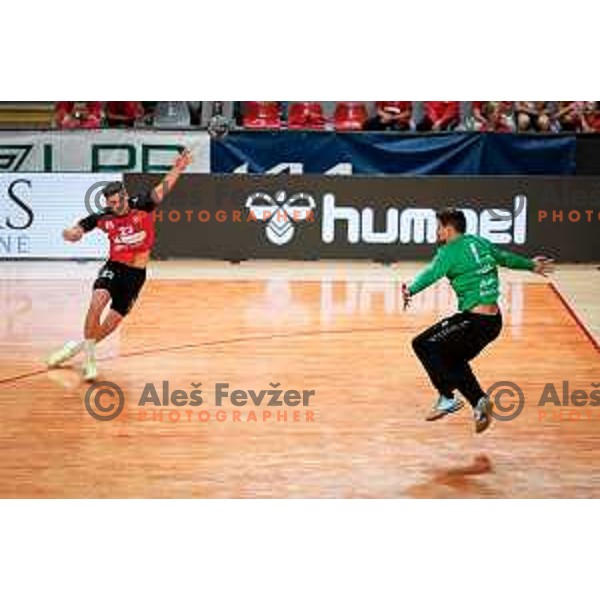 Tadej Kljun of RD LL Grosist Slovan in action during 1.NLB handball match between LL Grosist Slovan and RK Gorenje Velenje in Kodeljevo Hall, Ljubljana, Slovenia on October 1st, 2025.