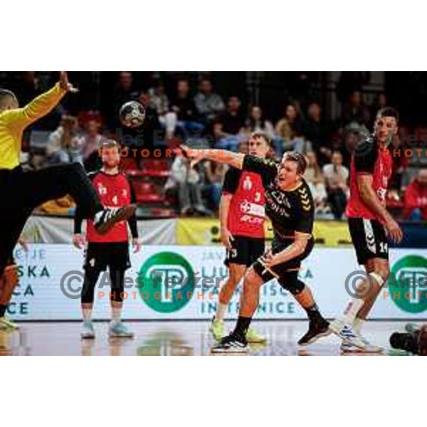 in action during 1.NLB handball match between LL Grosist Slovan and RK Gorenje Velenje in Kodeljevo Hall, Ljubljana, Slovenia on October 1st, 2025.