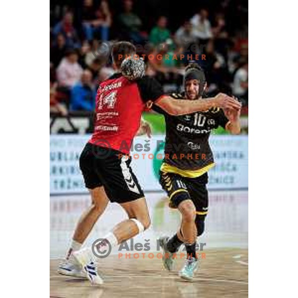Urban Pipp of RK Gorenje Velenje in action during 1.NLB handball match between LL Grosist Slovan and RK Gorenje Velenje in Kodeljevo Hall, Ljubljana, Slovenia on October 1st, 2025.