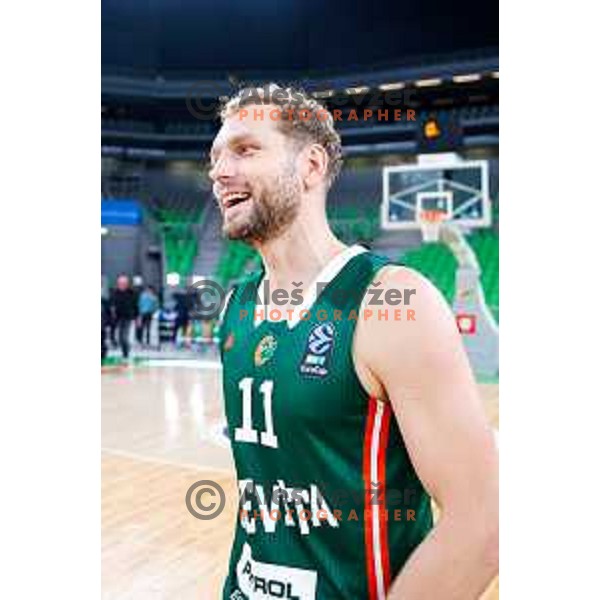 Jaka Blazic in action during BKT EuroCup 2025-2026 basketball match between Cedevita Olimpija (SLO) and Baxi Manresa (ESP) in SRC Stozice, Ljubljana, Slovenia on October 1, 2025
