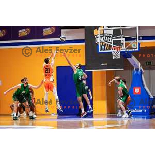 in action during OTP Bank League 2025/2026 basketball match between Kansai Helios and Krka in Domzale, Slovenia on October 1, 2025