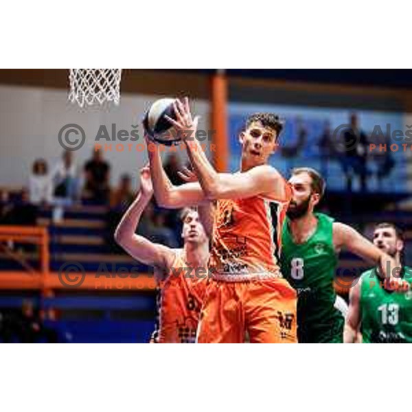 Alen Malovcic in action during OTP Bank League 2025/2026 basketball match between Kansai Helios and Krka in Domzale, Slovenia on October 1, 2025
