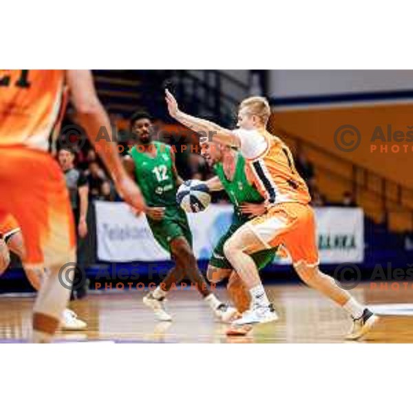 in action during OTP Bank League 2025/2026 basketball match between Kansai Helios and Krka in Domzale, Slovenia on October 1, 2025
