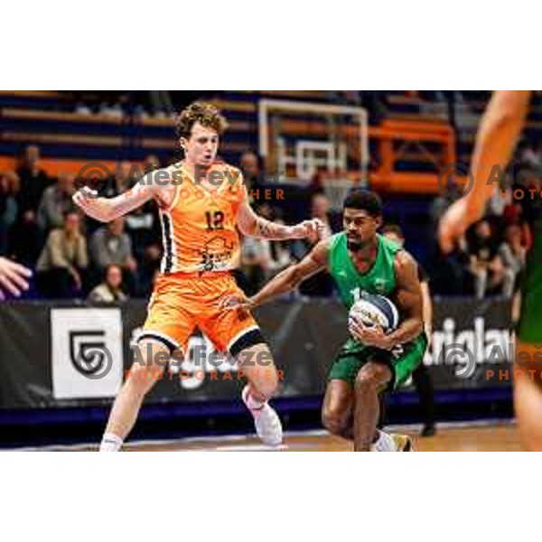 Mark Morano Mahmutovic and Victor Lamont Bailey in action during OTP Bank League 2025/2026 basketball match between Kansai Helios and Krka in Domzale, Slovenia on October 1, 2025