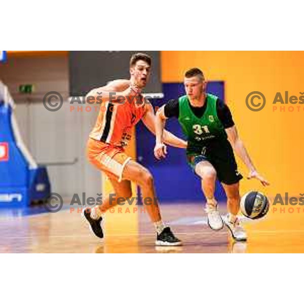 Jan Rebec in action during OTP Bank League 2025/2026 basketball match between Kansai Helios and Krka in Domzale, Slovenia on October 1, 2025