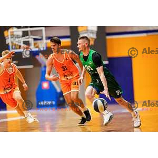 Jan Rebec in action during OTP Bank League 2025/2026 basketball match between Kansai Helios and Krka in Domzale, Slovenia on October 1, 2025