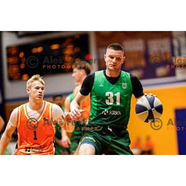 Jan Rebec in action during OTP Bank League 2025/2026 basketball match between Kansai Helios and Krka in Domzale, Slovenia on October 1, 2025