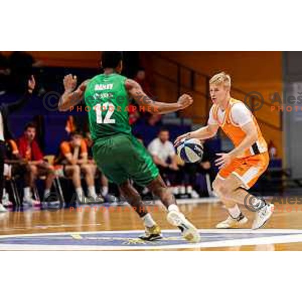 Jon Dolnicar in action during OTP Bank League 2025/2026 basketball match between Kansai Helios and Krka in Domzale, Slovenia on October 1, 2025