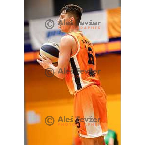 Alen Malovcic in action during OTP Bank League 2025/2026 basketball match between Kansai Helios and Krka in Domzale, Slovenia on October 1, 2025