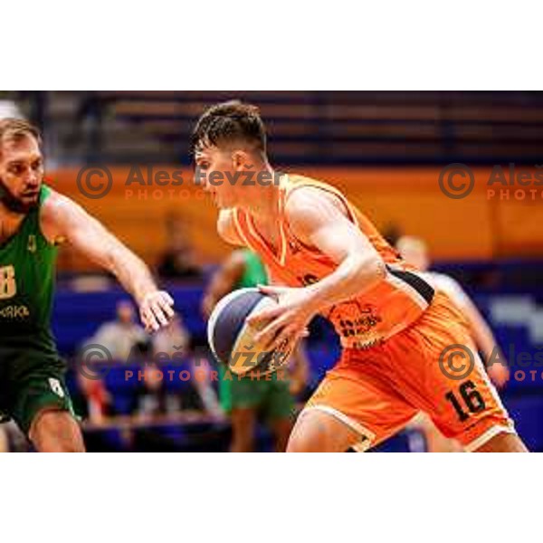 Alen Malovcic in action during OTP Bank League 2025/2026 basketball match between Kansai Helios and Krka in Domzale, Slovenia on October 1, 2025
