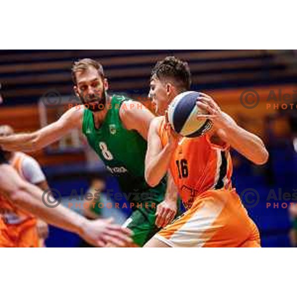 Alen Malovcic in action during OTP Bank League 2025/2026 basketball match between Kansai Helios and Krka in Domzale, Slovenia on October 1, 2025