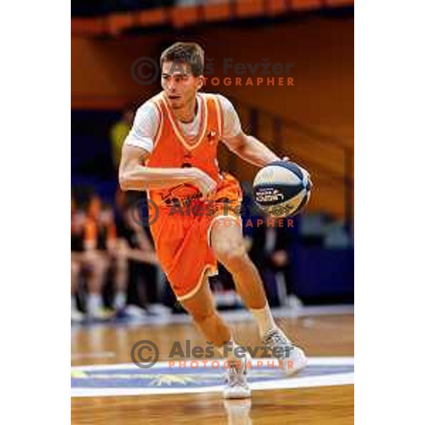 Jan Zemljic in action during OTP Bank League 2025/2026 basketball match between Kansai Helios and Krka in Domzale, Slovenia on October 1, 2025
