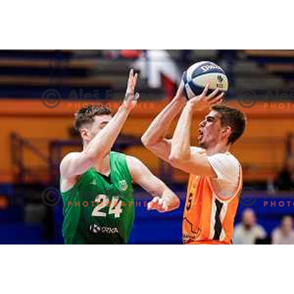 Jan Zemljic in action during OTP Bank League 2025/2026 basketball match between Kansai Helios and Krka in Domzale, Slovenia on October 1, 2025