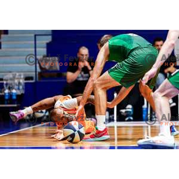 Caleb Dorsey in action during OTP Bank League 2025/2026 basketball match between Kansai Helios and Krka in Domzale, Slovenia on October 1, 2025