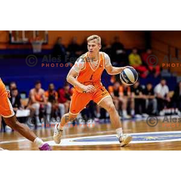 Jon Dolnicar in action during OTP Bank League 2025/2026 basketball match between Kansai Helios and Krka in Domzale, Slovenia on October 1, 2025