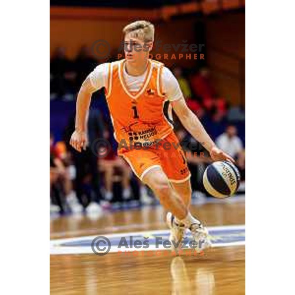 Jon Dolnicar in action during OTP Bank League 2025/2026 basketball match between Kansai Helios and Krka in Domzale, Slovenia on October 1, 2025