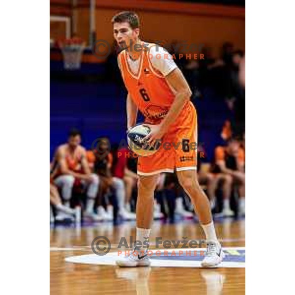 Jan Zemljic in action during OTP Bank League 2025/2026 basketball match between Kansai Helios and Krka in Domzale, Slovenia on October 1, 2025
