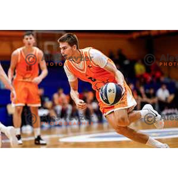 Jan Zemljic in action during OTP Bank League 2025/2026 basketball match between Kansai Helios and Krka in Domzale, Slovenia on October 1, 2025