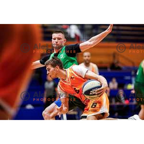 Jan Zemljic in action during OTP Bank League 2025/2026 basketball match between Kansai Helios and Krka in Domzale, Slovenia on October 1, 2025
