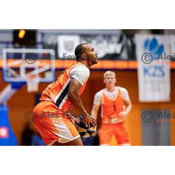 Caleb Dorsey in action during OTP Bank League 2025/2026 basketball match between Kansai Helios and Krka in Domzale, Slovenia on October 1, 2025