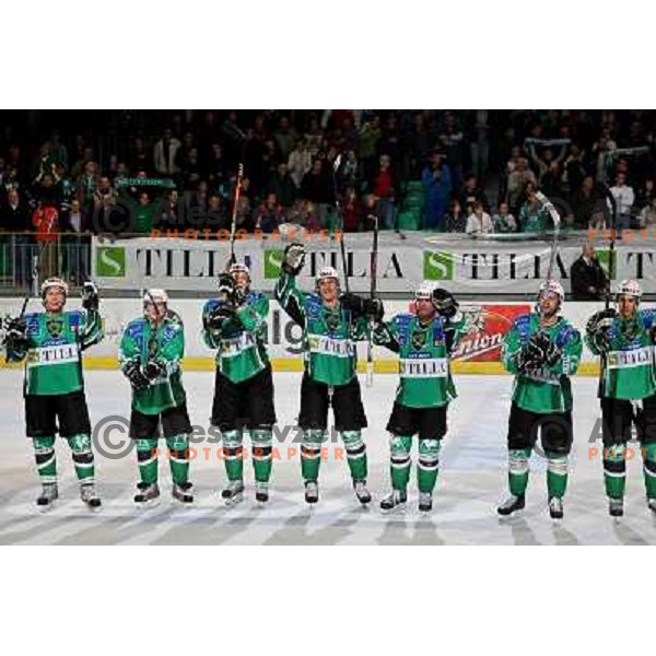 Olimpija players celebrate at ice hockey match Tilia Olimpija- KAC in EBEL league, played in Hala Tivoli, Ljubljana 31.10.2008. Tilia Olimpija won 4:2 