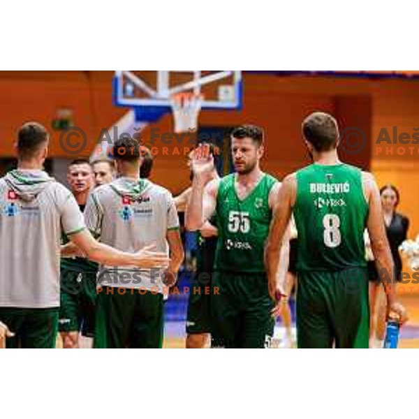 Leon Santelj in action during OTP Bank League 2025/2026 basketball match between Kansai Helios and Krka in Domzale, Slovenia on October 1, 2025