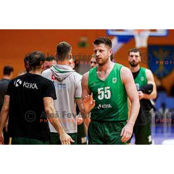 Leon Santelj in action during OTP Bank League 2025/2026 basketball match between Kansai Helios and Krka in Domzale, Slovenia on October 1, 2025