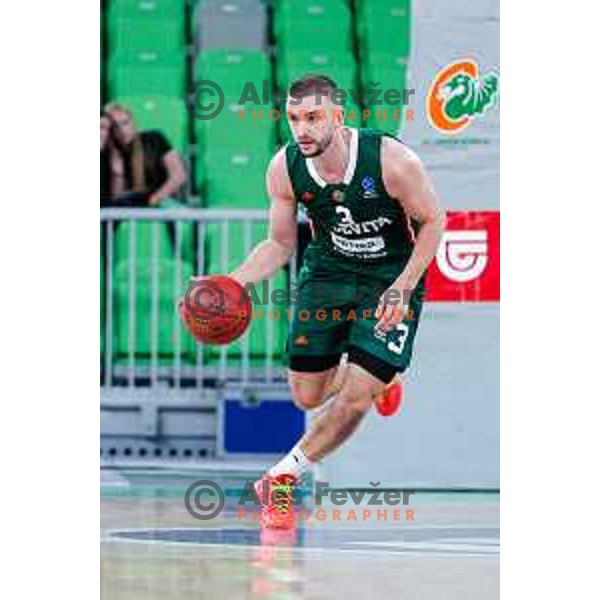 Rok Radovic in action during BKT EuroCup 2025-2026 basketball match between Cedevita Olimpija (SLO) and Baxi Manresa (ESP) in SRC Stozice, Ljubljana, Slovenia on October 1, 2025